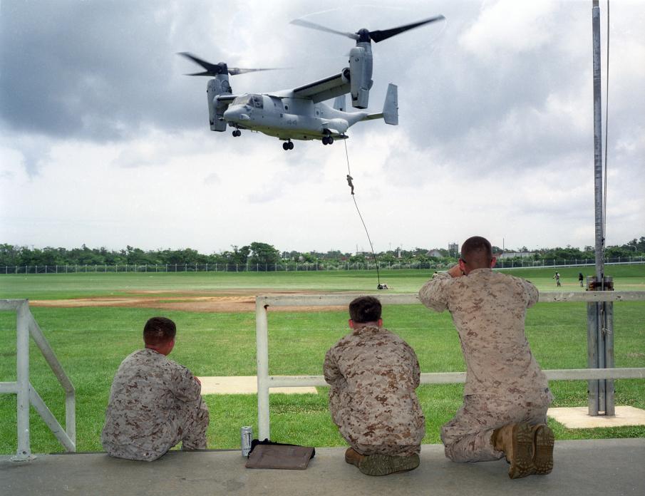 Marines training, rappelling from MV-22 Osprey tilt-rotor aircraft. 2015